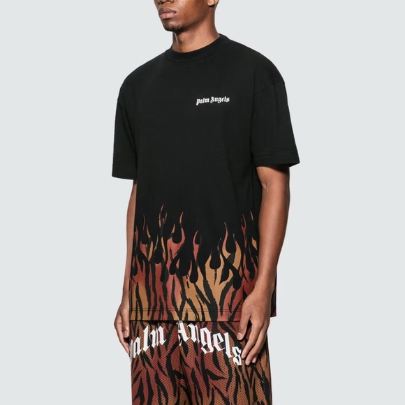 Palm Angels Flames Graphic Tee Black Red Designer Streetwear T-Shirt Medium - Picture 4 of 8